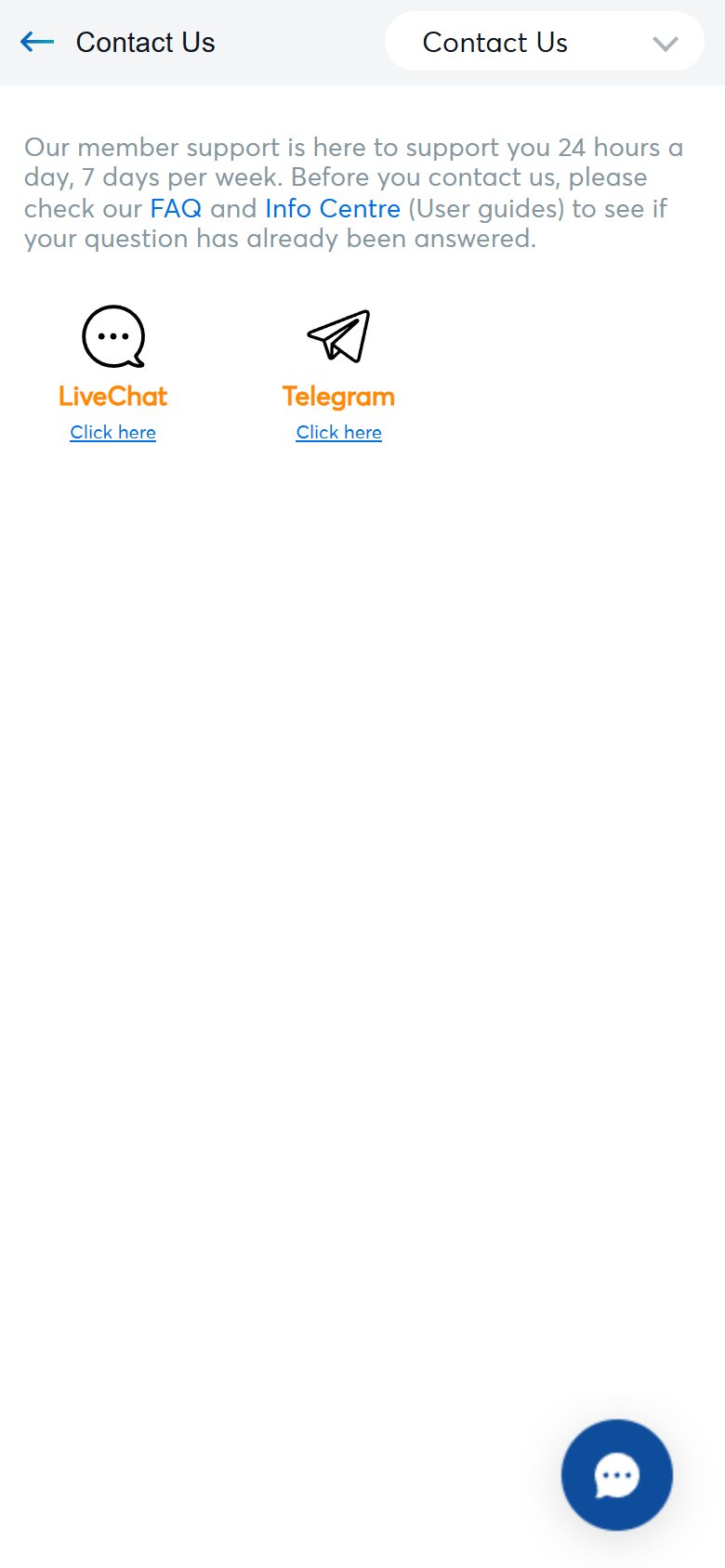 BK8's contact page listing live chat and Telegram