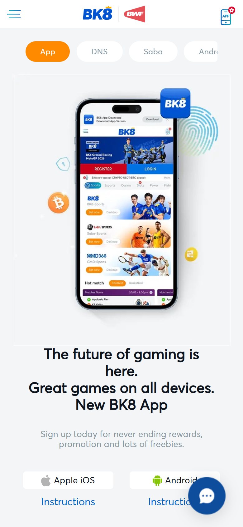 BK8 mobile Download page with Apple iOS and Android buttons