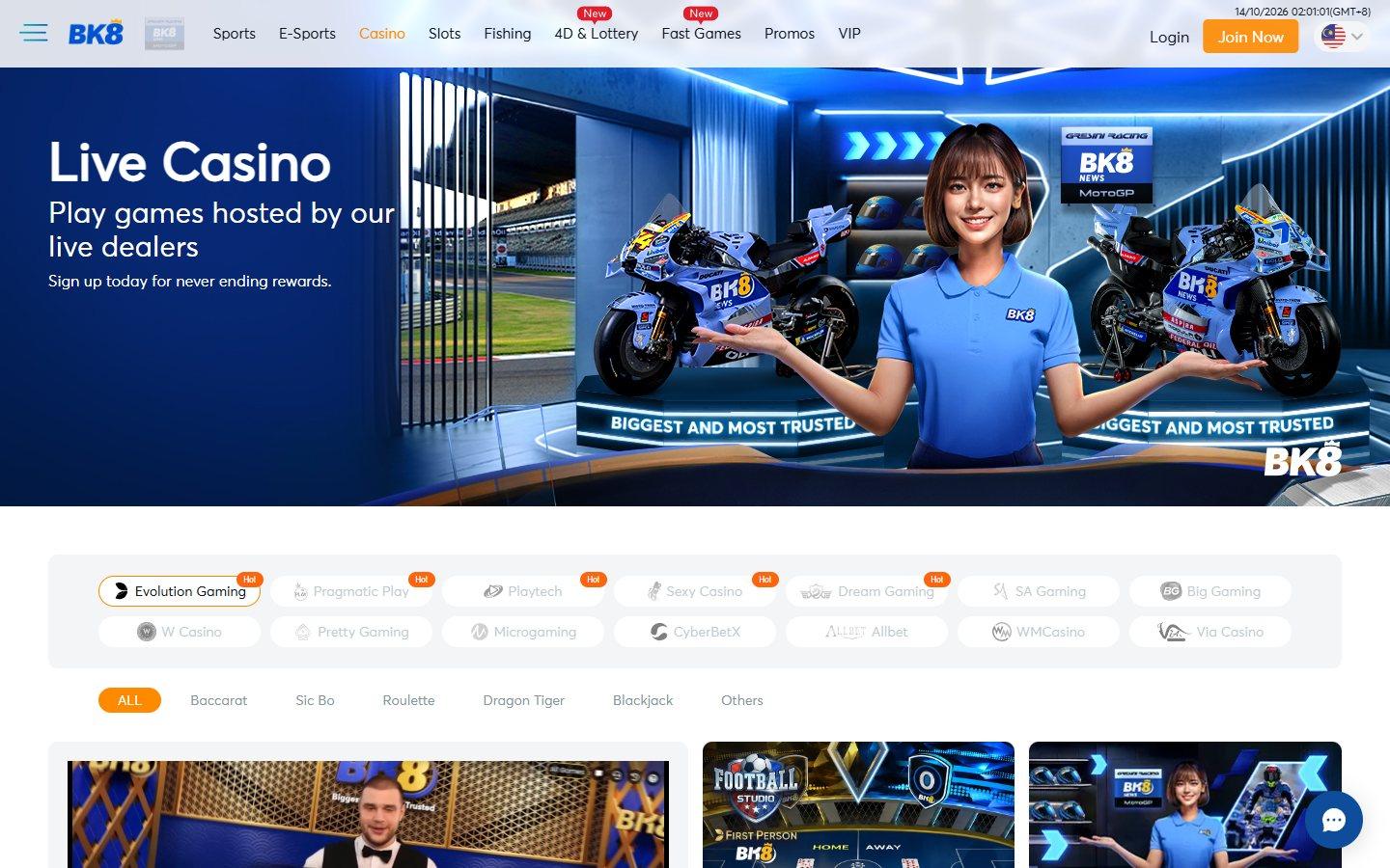 BK8's live casino lobby with Evolution Gaming among the listed providers