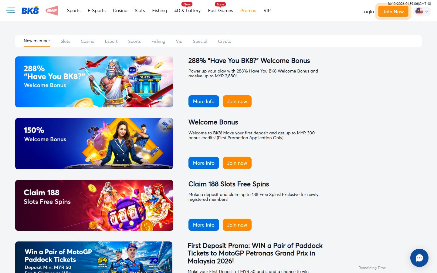 BK8 Malaysia promotions page showing the 288% welcome bonus card