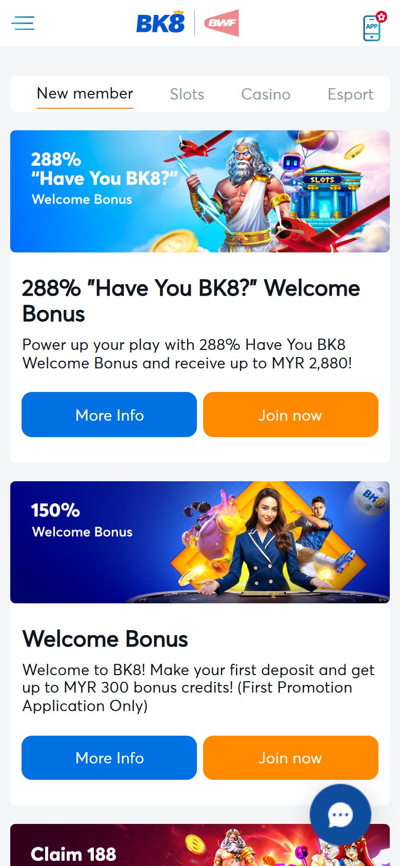 BK8 promotions page showing the 288% welcome bonus card