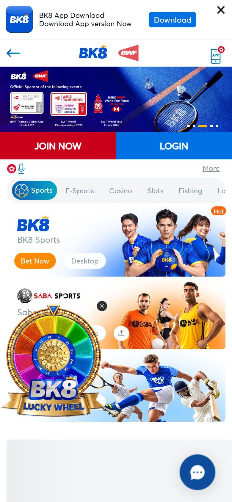 BK8 sports lobby on mobile, where you choose BK8 Sports, Saba Sports or CMD Sports before placing an Asian handicap bet