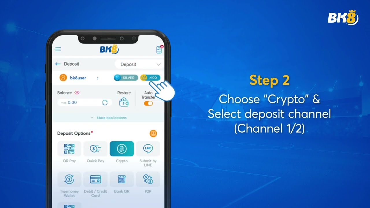 BK8 mobile deposit screen with the Crypto option selected